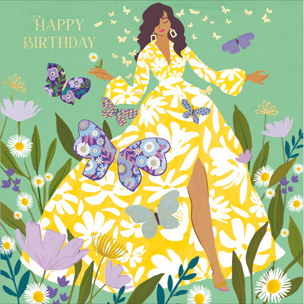 Yellow Dress & Butterflies Birthday Card Gift Crouch End