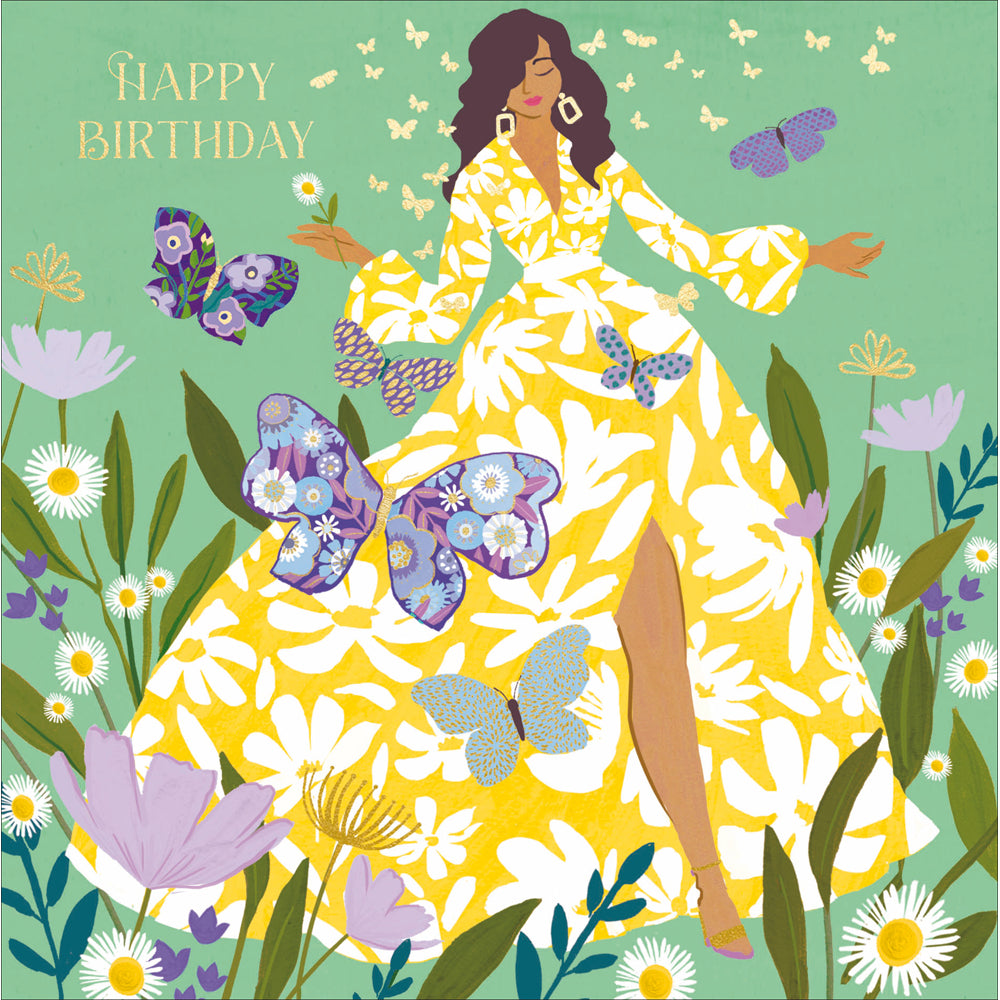 Yellow Dress & Butterflies Birthday Card