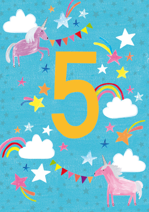 Unicorns & Clouds 5th Birthday Card