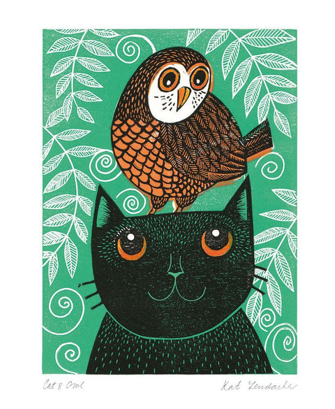 Cat And Owl Greetings Card