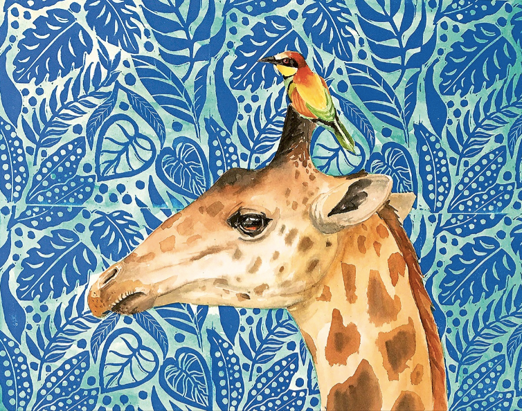 Giraffe with Bee-eater By Celia Lewis